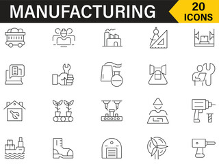 Manufacturing icon set in line style. Set of 20 icons related to management, business, infrastructure, production, product, warehouse, machine, industrial and more symbol collection.