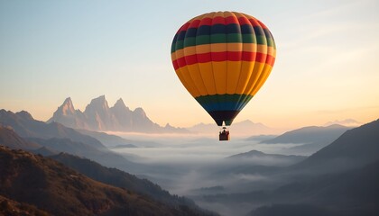 Obraz premium A colorful hot air balloon soars peacefully over a majestic mountain range shrouded in a sea of morning fog.