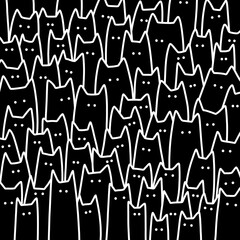 A seamless vector pattern of hand-drawn black cats in a cute and playful doodle style. 