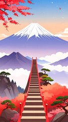 A stylized illustration of a red bridge/stairway leading up a mountain