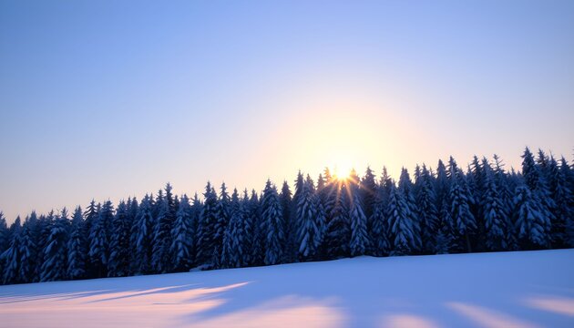 Winter sunrise over a snow-covered forest with a clear blue sky and warm light casting long shadows on the pristine field.