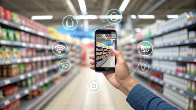 Supermarket shopping aisle experience Get to know your customer day with ecommerce technology, smartphone innovation, and digital shopping for better