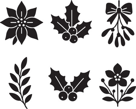 Black Christmas day vector icons, festive floral icons, poinsettia flowers, holly berries, mistletoe leaves, three icons top row, three icons bottom row, holiday bouquet, editable silhouette set