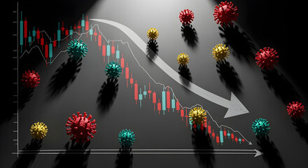 Dramatic Stock Market Crash with Coronavirus Molecules on Black Background