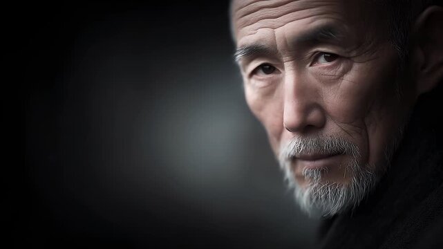 Close-up of Asian Elderly Face, Calm Gaze Conveying Wisdom of Years