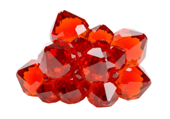 A cluster of vibrant,faceted red gems, brilliantly reflecting light against a stark black backdrop, showcases the intricate detail and rich hues of these precious stones.