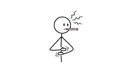 Stick figure with thermometer, experiencing fever and chills. Simple illness concept illustration.