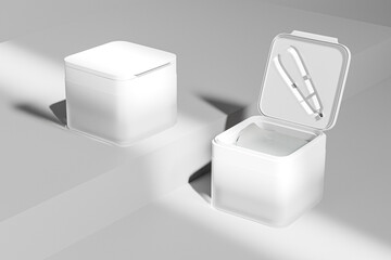 Luxury facial toner Pad Jars With Tweezer mockup, Square Shape cotton pads packaging, square Skin Care Toner Pad container with Flip top Cap closure, korean beauty skincare product © Salihah.K