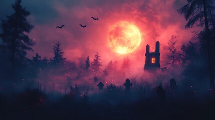 Haunting Foggy Landscape with Ghostly Castle Ruins and Full Moon