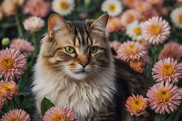 Beautiful tabby cat portrait in a field of pink flowers nature pet animal photography cute feline domestic
