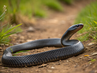 Obraz premium Slithering Black Snake in Forest Grass