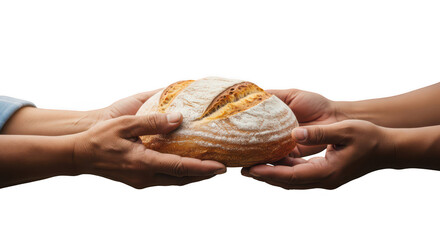 Two Hands Sharing Artisan Loaf of Freshly Baked Bread