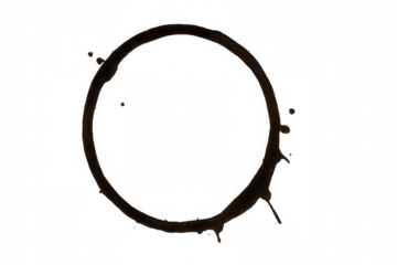Coffee cup ring stain spreading, dark liquid droplets falling, transparent backdrop showcasing graphic design potential