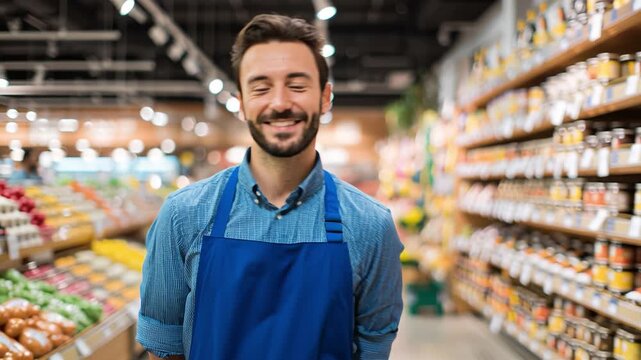 Cheerful male grocery store employee engaging with customers in vibrant supermarket environment - Powered by Adobe