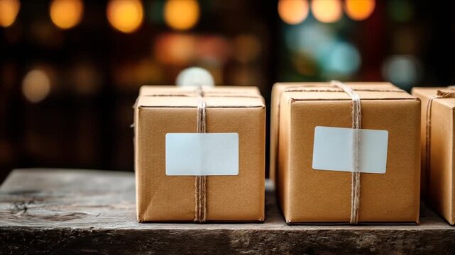 Three kraft paper shipping boxes sit on a wooden surface, ready for delivery.
