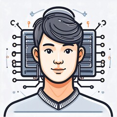 A stylized portrait of a person with a computer chip