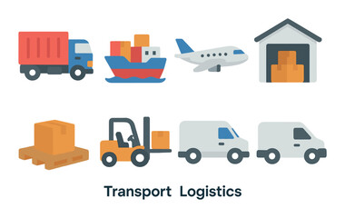 Illustration of transport and logistics icons featuring vehicles and warehouse storage