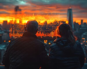 Couple contemplates sunset over city skyline with overlaid financial data graph symbolizing investment success and future