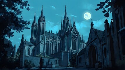 Majestic Gothic Cathedral under Moonlit Night Landscape
