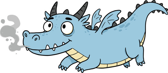 Cute cartoon dragon illustration breathing smoke, funny blue dragon character with wings and horns, fantasy mythical creature design for kids