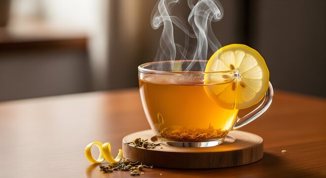 A steaming hot glass cup of comforting herbal tea with a fresh lemon slice and scattered loose leaves, inviting warmth and healthy relaxation on a wooden table.