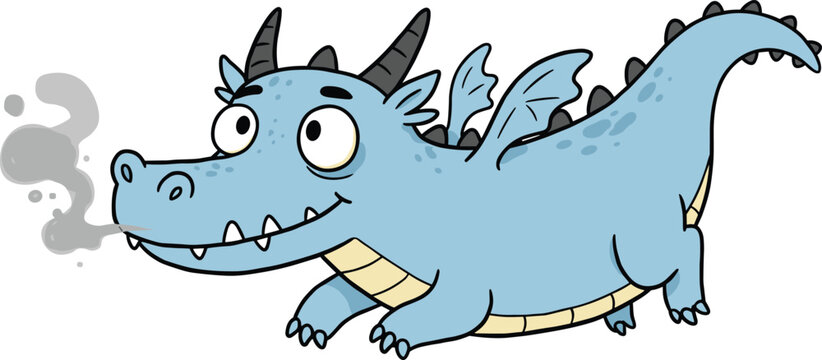 Naklejki Cute cartoon dragon illustration breathing smoke, funny blue dragon character with wings and horns, fantasy mythical creature design for kids