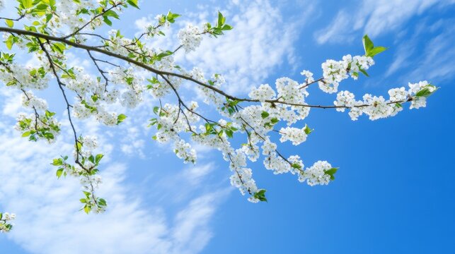 White spring flowers on tree branch against blue sky