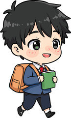 Cute chibi schoolboy illustration with backpack and book, happy student character in school uniform, cartoon child education and learning design