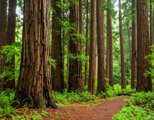 Lush forest path amidst towering trees