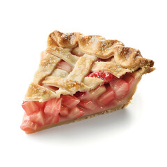 A slice of lattice-top fruit pie with visible red filling and golden crust