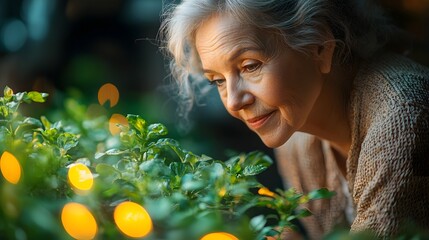 A senior woman with grey hair gazes fondly at lush green plants bathed in warm soft golden bokeh light symbolizing care and growth