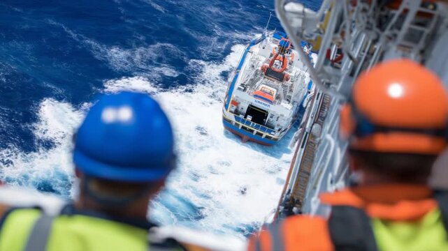Witness the precision of a 75Lifeboat lowering mechanism as crew in high-visibility vests expertly deploy an emergency craft from a cruise ship, captivating onlookers.