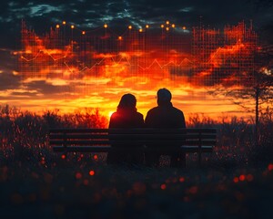 Senior couple watches dramatic sunset with financial growth graphs symbolizing success and retirement