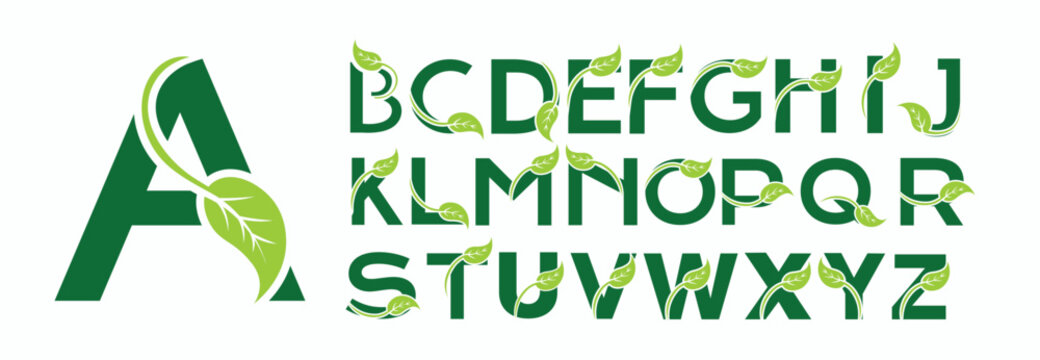 modern nature leaf earth green tree abstract digital alphabet font. minimal technology typography, creative urban sport fashion futuristic font and with numbers. vector illustration

