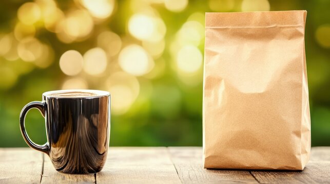 Coffee mug and brown paper bag on wooden table - Powered by Adobe