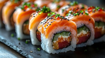 A close up view of vibrant salmon sushi rolls presented elegantly on a dark slate surface showcasing fresh ingredients and culinary ry