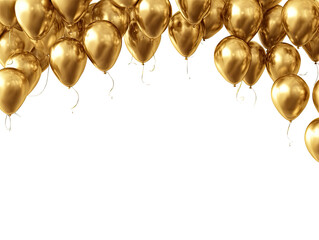 Golden balloons fill the frame, cascading from the upper edge of the image against a black background.  Shiny, metallic gold balloons form a celebratory arch