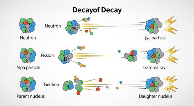 A detailed scientific diagram illustrating the processes of radioactive decay, including alpha, beta, and gamma radiation emissions from atomic nuclei
