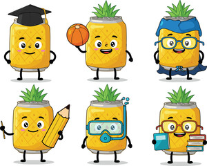 Cute pineapple soda can mascot set, cartoon drink characters, funny beverage illustration, education, sports, superhero, diving, school, summer design