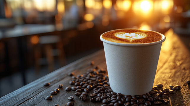 A beautiful heart latte art coffee cup rests on a rustic wooden table with scattered beans, illuminated by warm golden light.