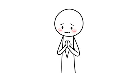 Cute Blushing Stick Figure with Clasped Hands Expressing Shyness, Apology, or Gratitude on White Background