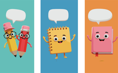 Cartoon school stationery with speech bubbles, cute pencils notebook book characters, education mascot design, back to school illustration set