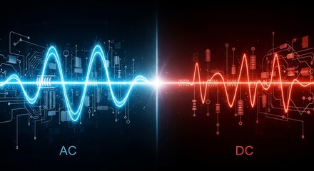 Obraz premium Dynamic visualization of alternating current versus direct current, illustrating fundamental electrical energy principles in a futuristic technological landscape