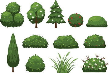 Cartoon bushes and shrubs illustration, green plants with flowers and leaves, garden landscape design elements, natural outdoor greenery vector