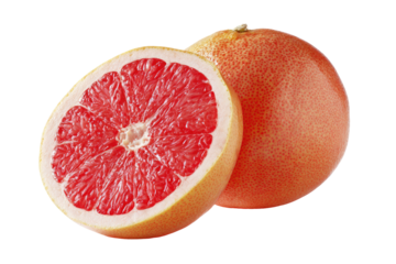 Two halves of a grapefruit, vibrant red inside, pale pink/peachy outside.  Close-up, studio shot, isolated against black