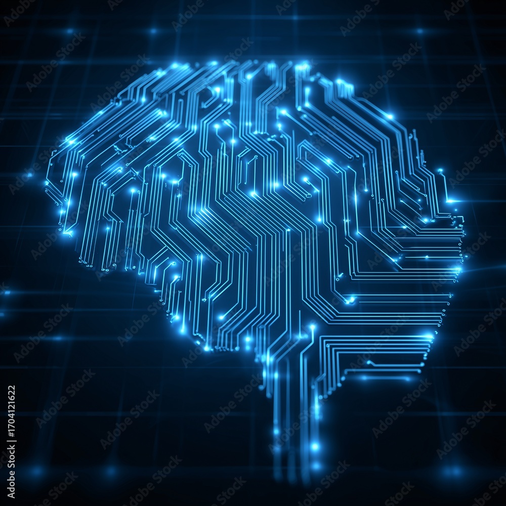 Poster glowing circuit board forms shape of human brain, symbolizing fusion of technology and intelligence.