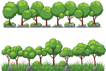 Fototapeta premium Cartoon forest trees with rocks and grass, nature background illustration, green woodland landscape design, natural outdoor scenery vector