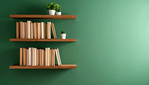 Wooden shelves are mounted on a green wall, each filled with books standing upright