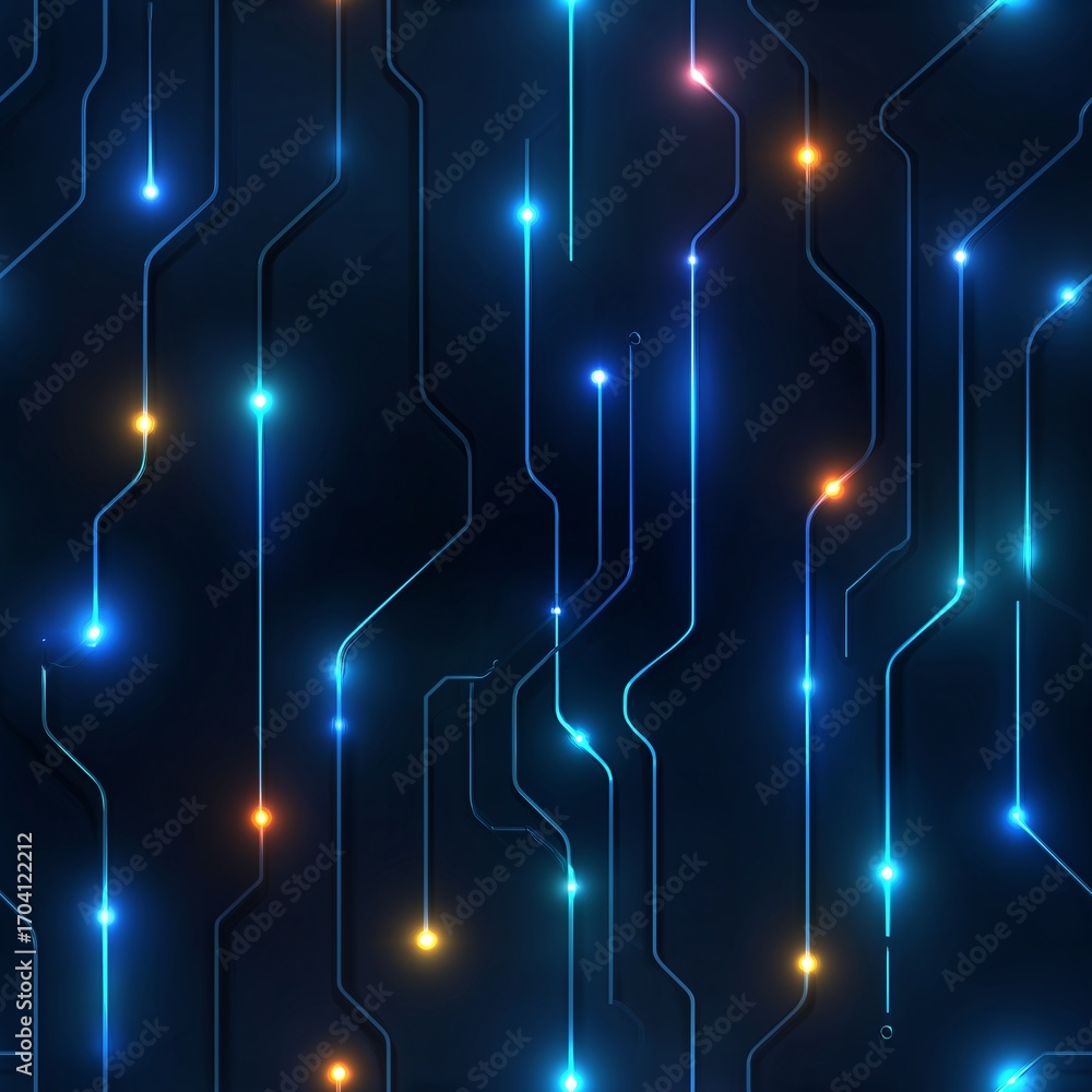 Fototapete vibrant digital pattern featuring glowing neon circuits on deep navy background, creating futuristic