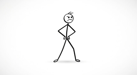 Angry stick figure with hands on hips. Furious cartoon character expressing frustration, irritation, and determination.